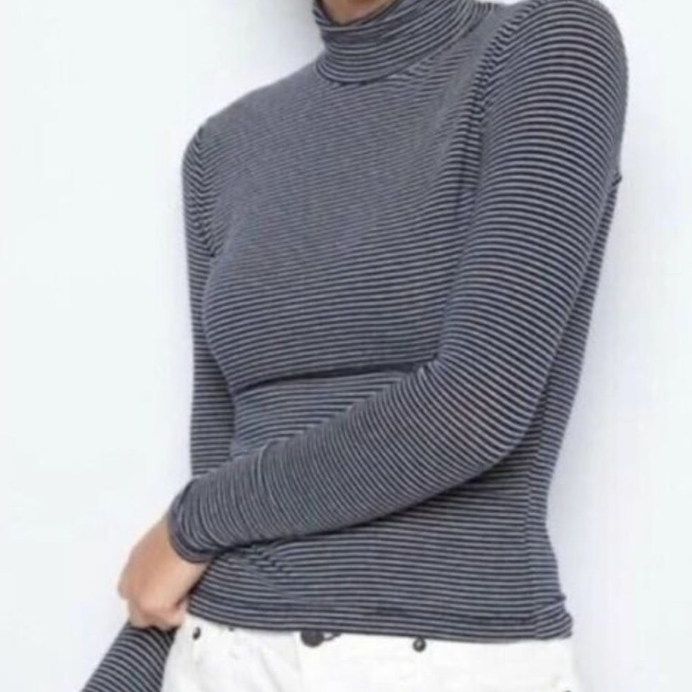 Brandy Melville Long Sleeve Navy Striped Turtleneck Sweater (One Size)